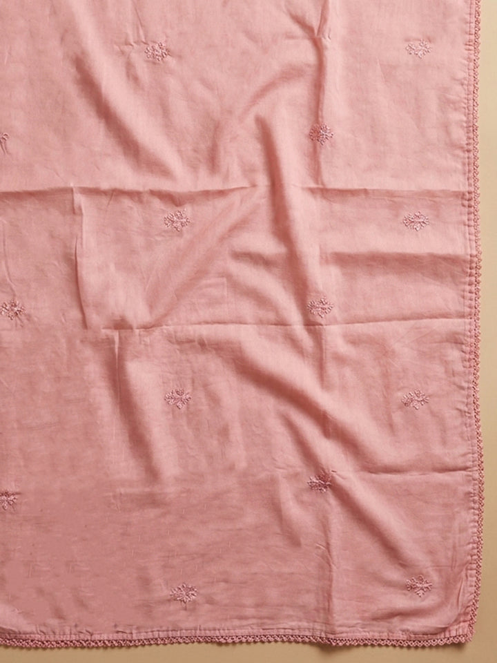 Peach Embroidered Cotton Blend Unstitched Suit &amp; Pant With Cotton Dupatta