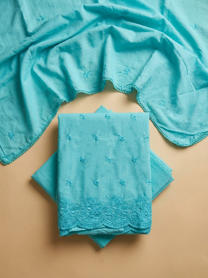 Sky Blue Embroidered Cotton Blend Unstitched Suit &amp; Pant With Cotton Dupatta