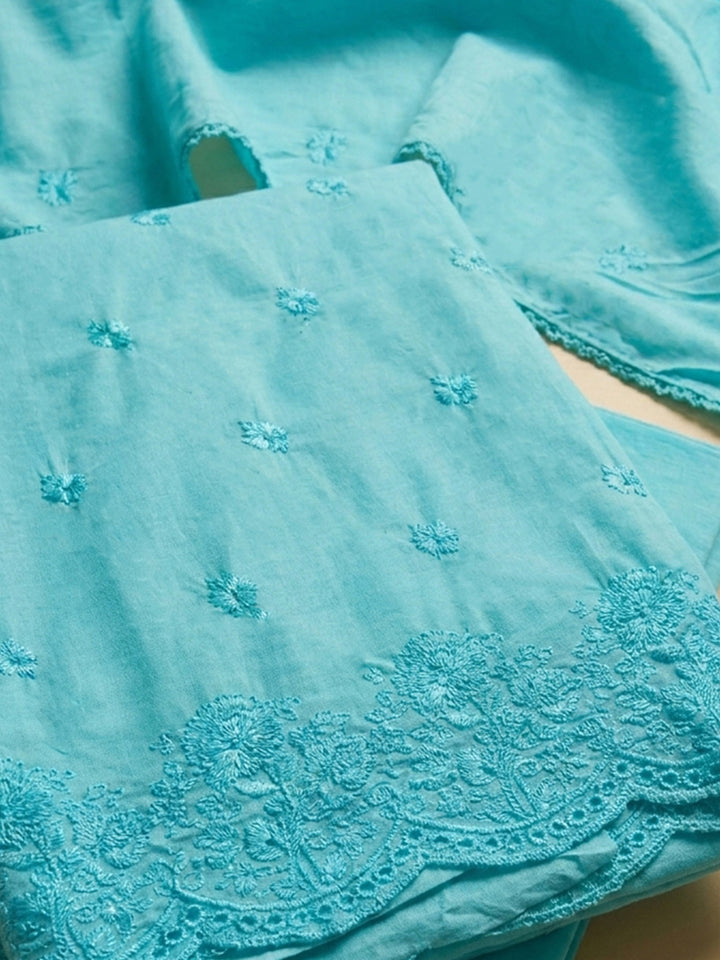 Sky Blue Embroidered Cotton Blend Unstitched Suit &amp; Pant With Cotton Dupatta