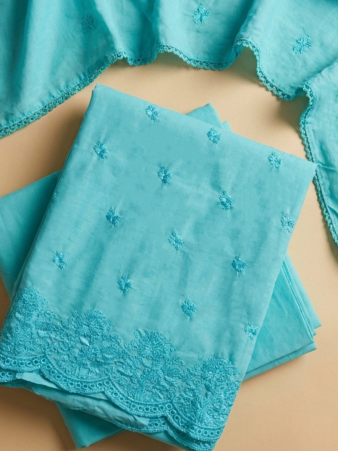 Sky Blue Embroidered Cotton Blend Unstitched Suit &amp; Pant With Cotton Dupatta