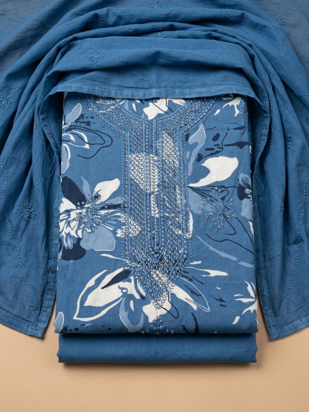 Blue Embroidered Cotton Blend Unstitched Suit &amp; Pant With Cotton Dupatta
