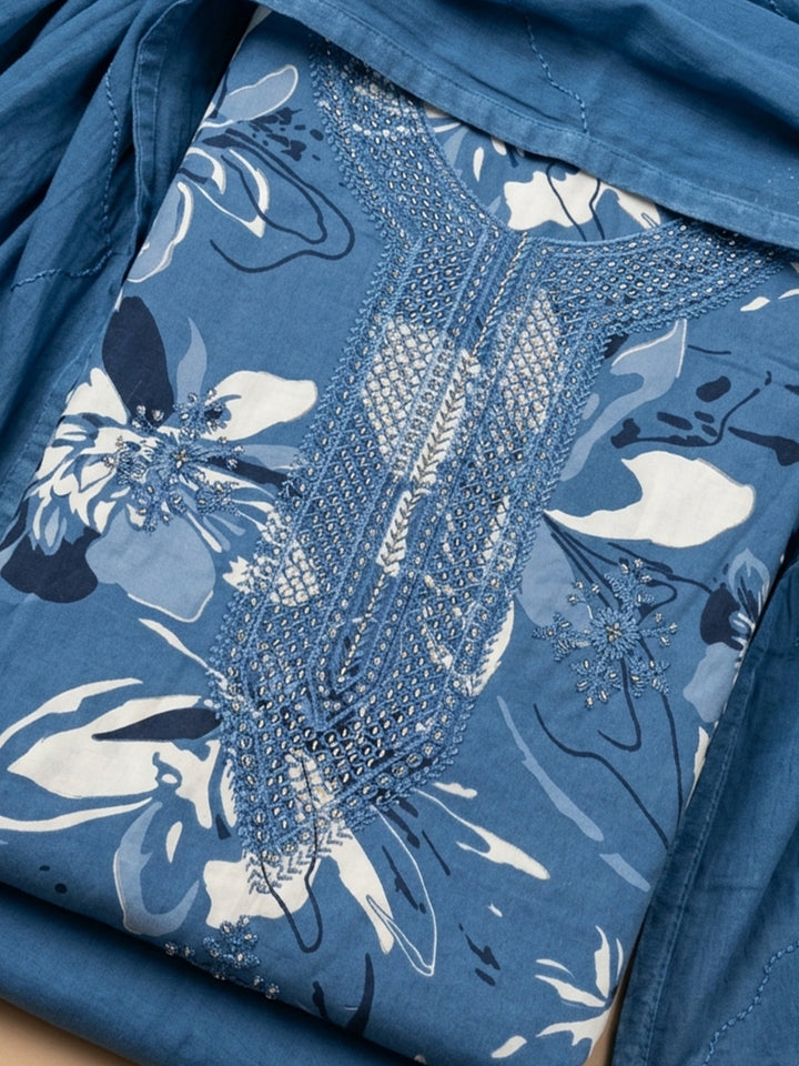 Blue Embroidered Cotton Blend Unstitched Suit &amp; Pant With Cotton Dupatta