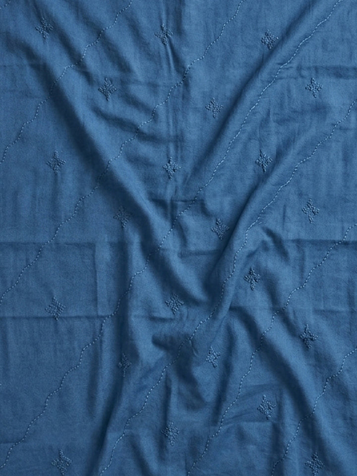 Blue Embroidered Cotton Blend Unstitched Suit &amp; Pant With Cotton Dupatta