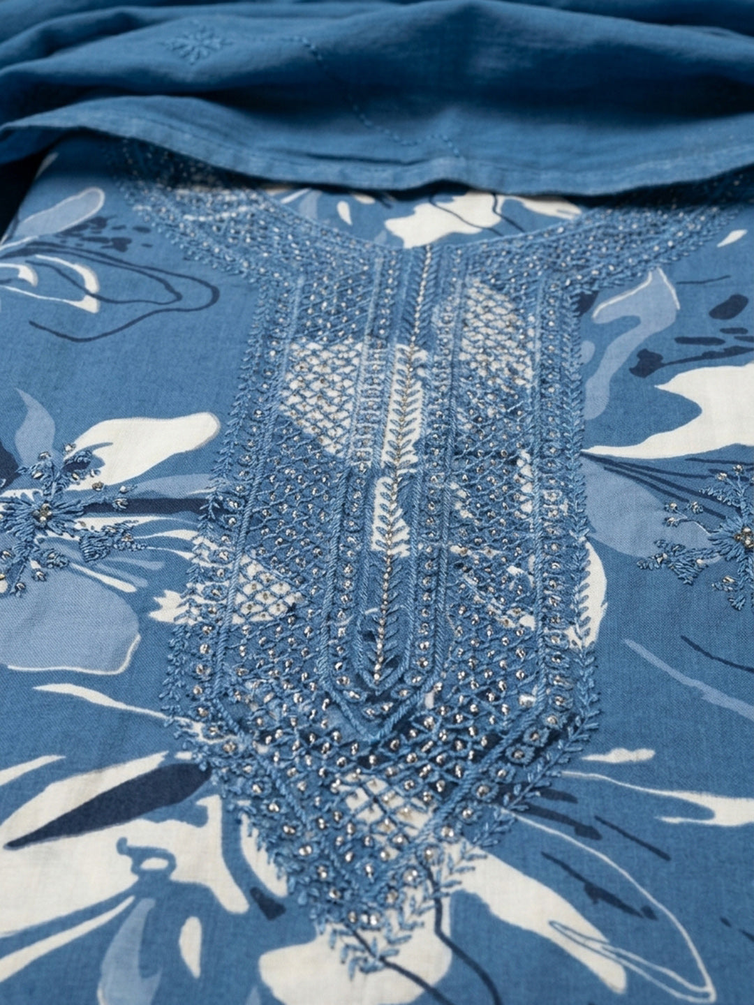 Blue Embroidered Cotton Blend Unstitched Suit &amp; Pant With Cotton Dupatta