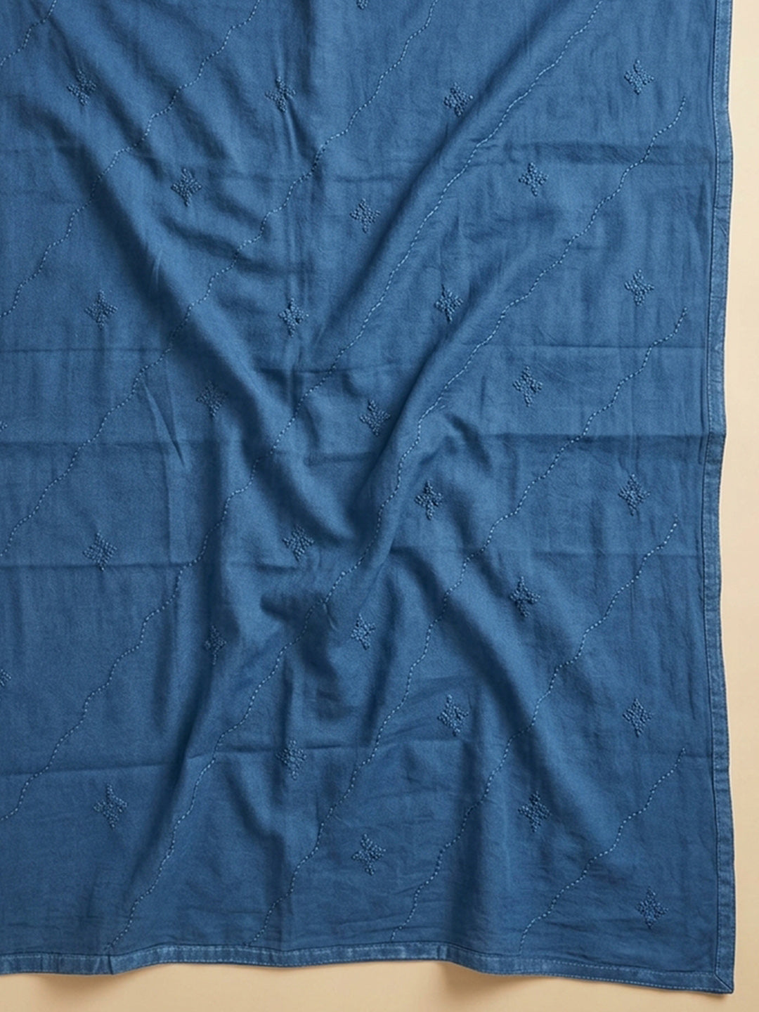 Blue Embroidered Cotton Blend Unstitched Suit &amp; Pant With Cotton Dupatta