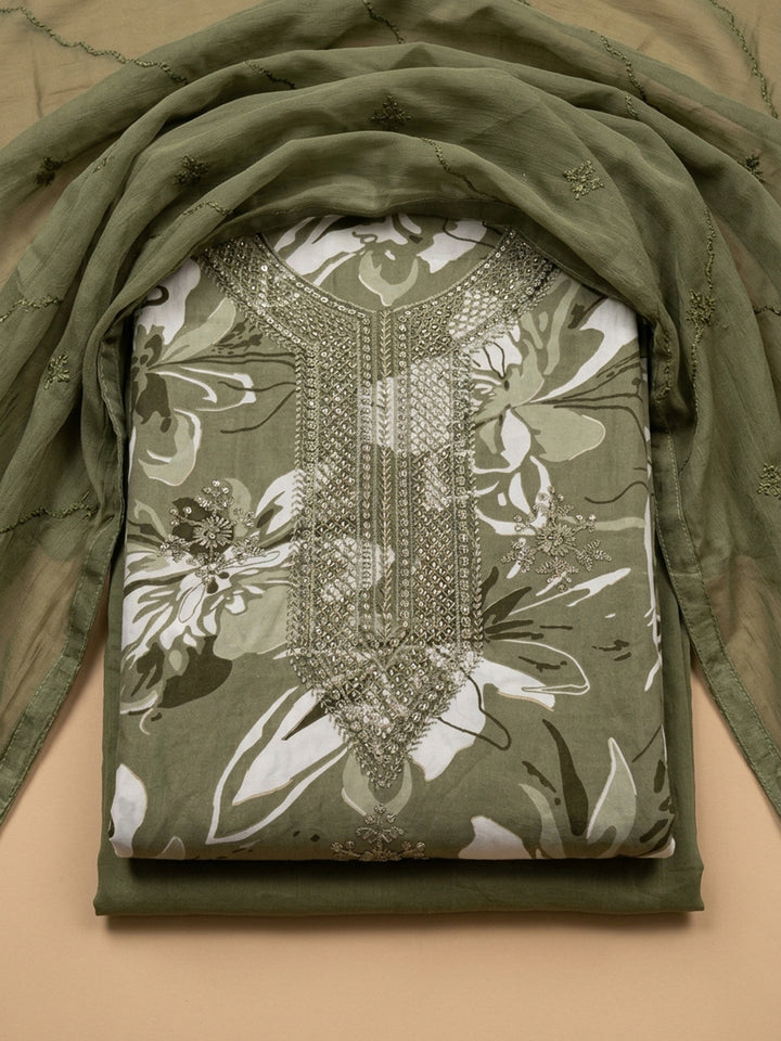 Mehndi Embroidered Cotton Blend Unstitched Suit &amp; Pant With Cotton Dupatta