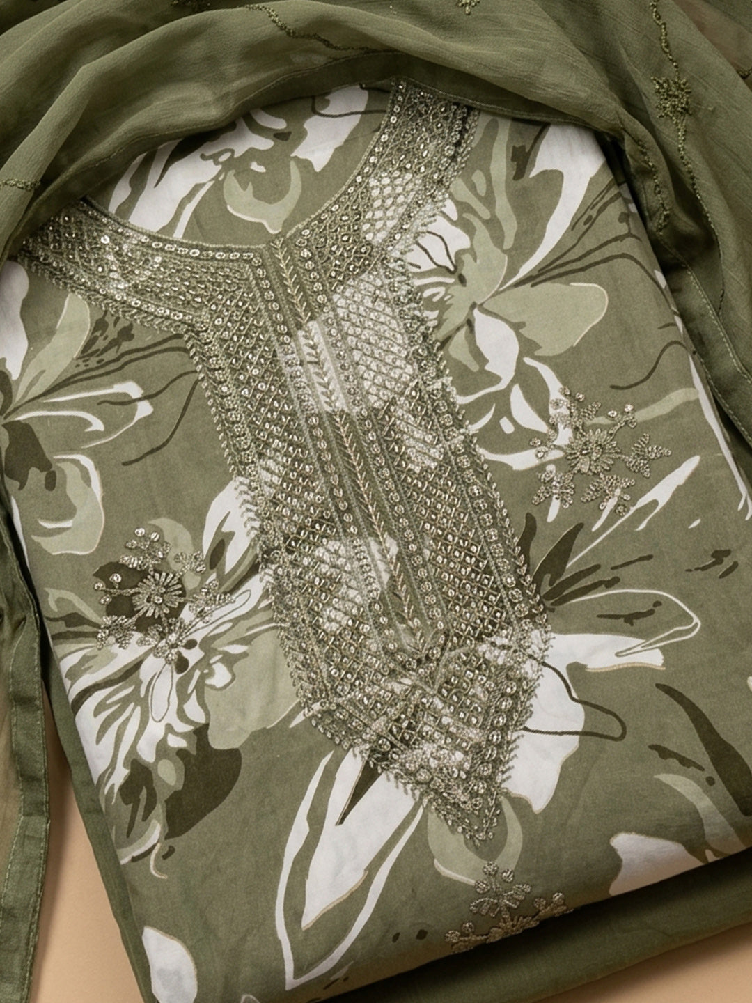 Mehndi Embroidered Cotton Blend Unstitched Suit &amp; Pant With Cotton Dupatta
