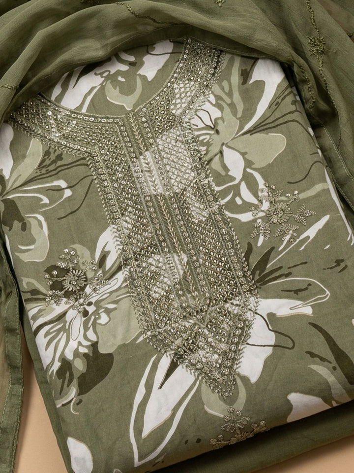 Mehndi Embroidered Cotton Blend Unstitched Suit &amp; Pant With Cotton Dupatta
