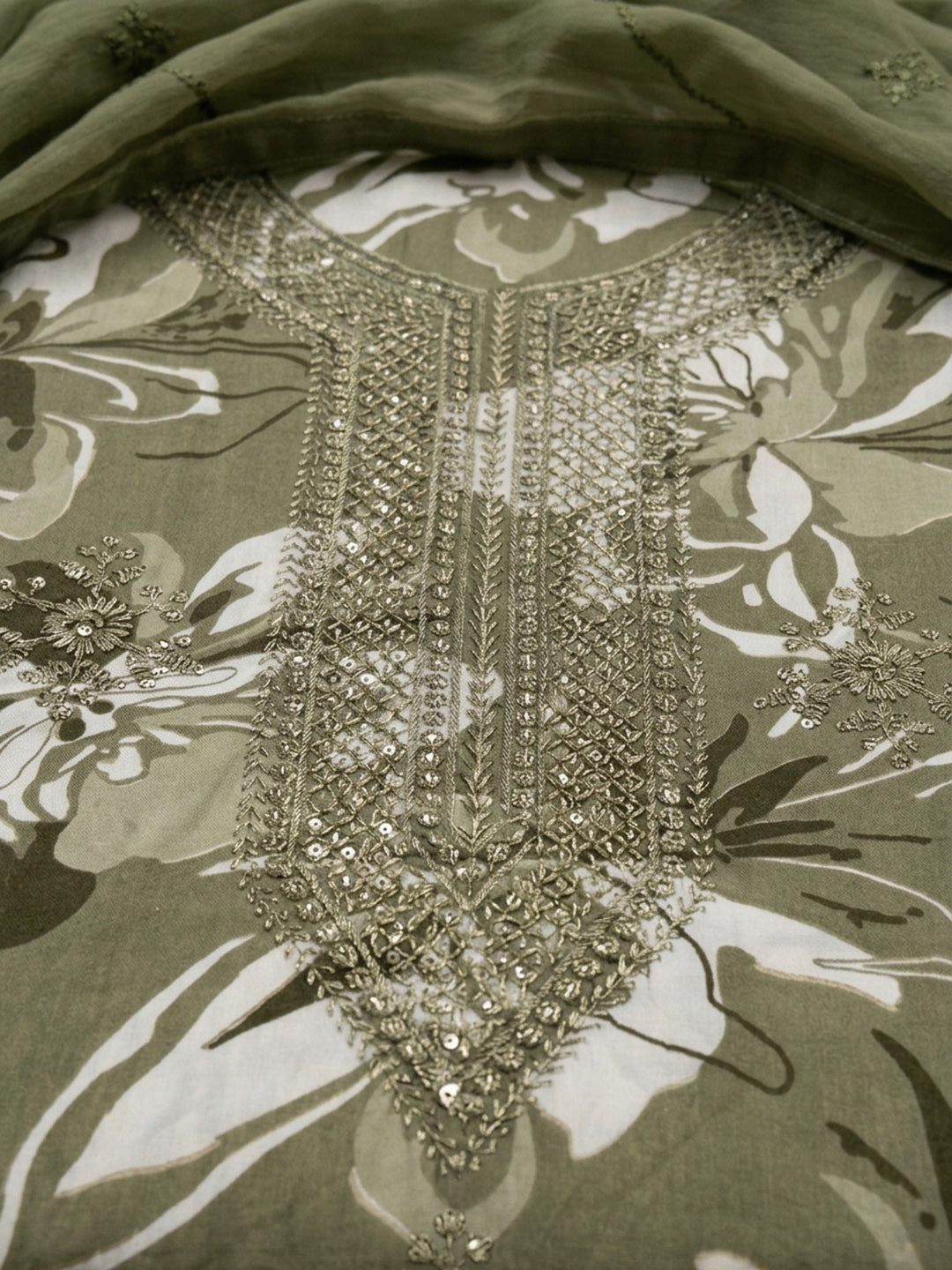 Mehndi Embroidered Cotton Blend Unstitched Suit &amp; Pant With Cotton Dupatta
