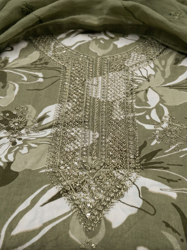 Mehndi Embroidered Cotton Blend Unstitched Suit &amp; Pant With Cotton Dupatta