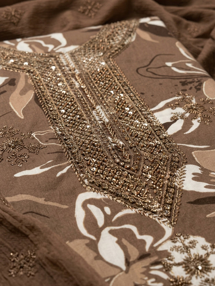 Mouse Embroidered Cotton Blend Unstitched Suit &amp; Pant With Cotton Dupatta