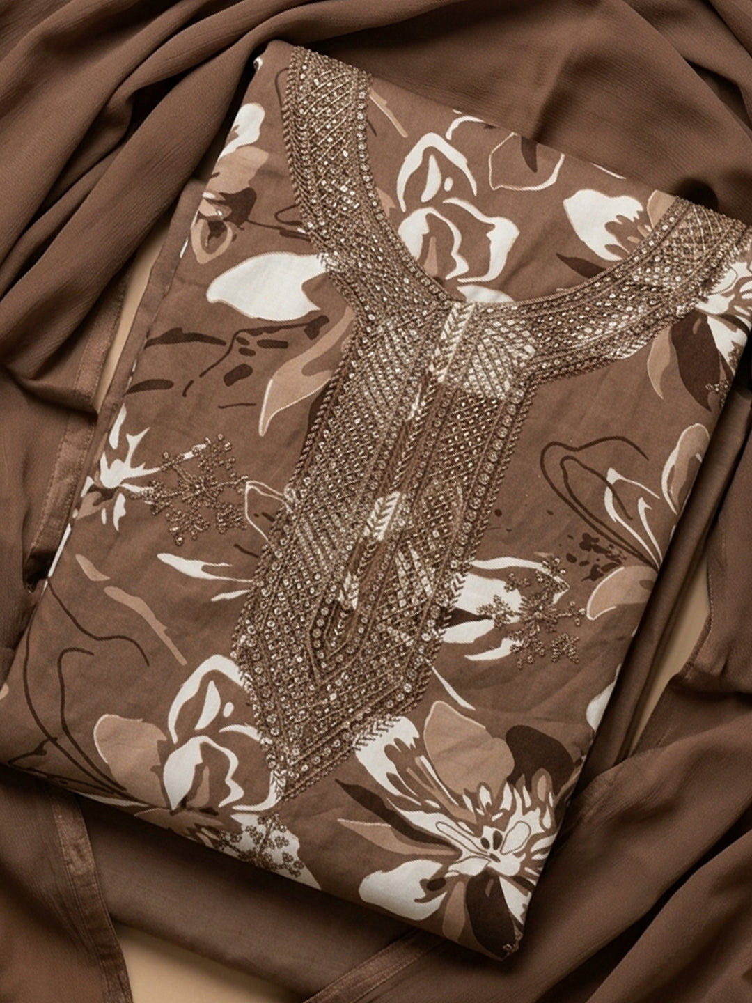 Mouse Embroidered Cotton Blend Unstitched Suit &amp; Pant With Cotton Dupatta