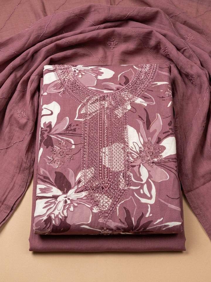 Onion Pink Embroidered Cotton Blend Unstitched Suit &amp; Pant With Cotton Dupatta