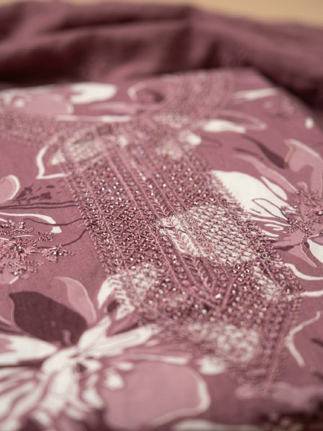 Onion Pink Embroidered Cotton Blend Unstitched Suit &amp; Pant With Cotton Dupatta