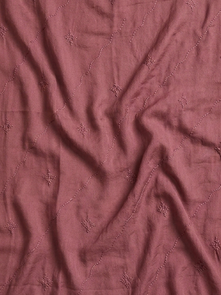 Onion Pink Embroidered Cotton Blend Unstitched Suit &amp; Pant With Cotton Dupatta