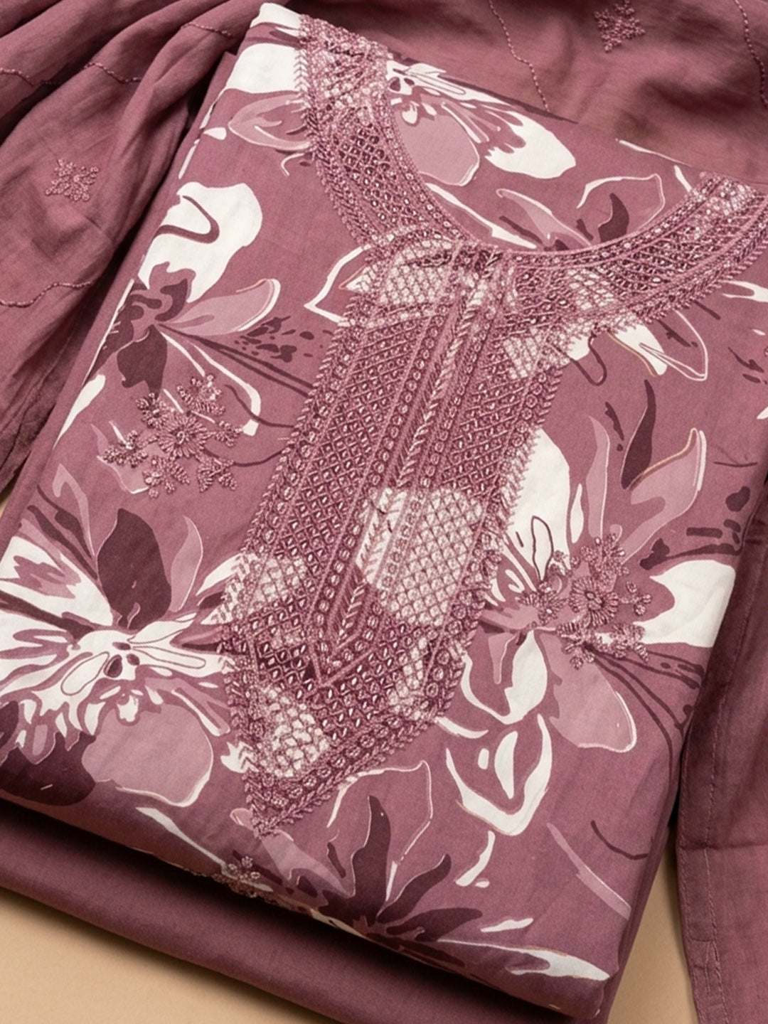 Onion Pink Embroidered Cotton Blend Unstitched Suit &amp; Pant With Cotton Dupatta