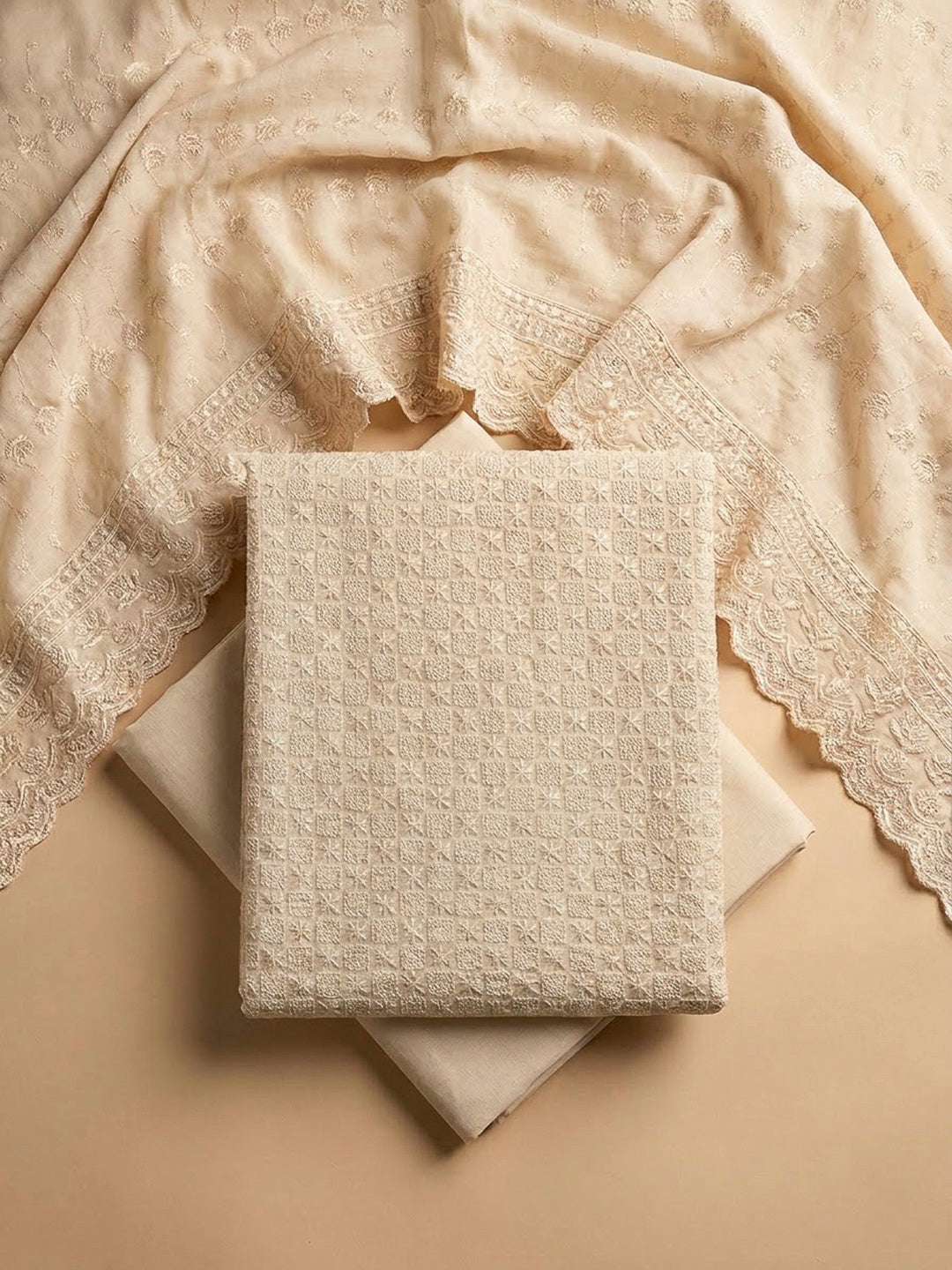 Beige Cotton Blend Embroidered Unstitched Dress Material