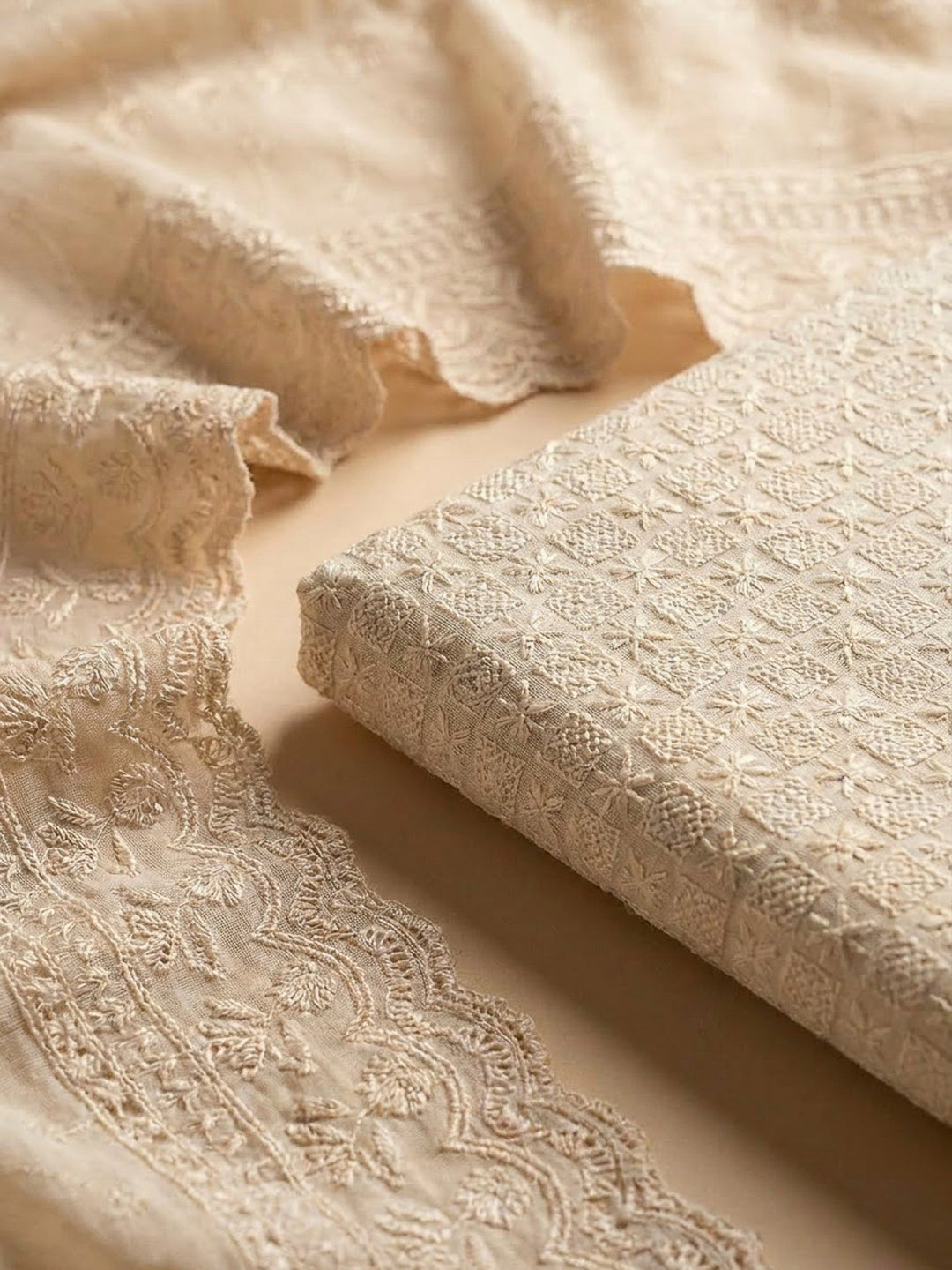 Beige Cotton Blend Embroidered Unstitched Dress Material