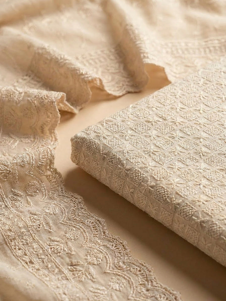 Beige Cotton Blend Embroidered Unstitched Dress Material