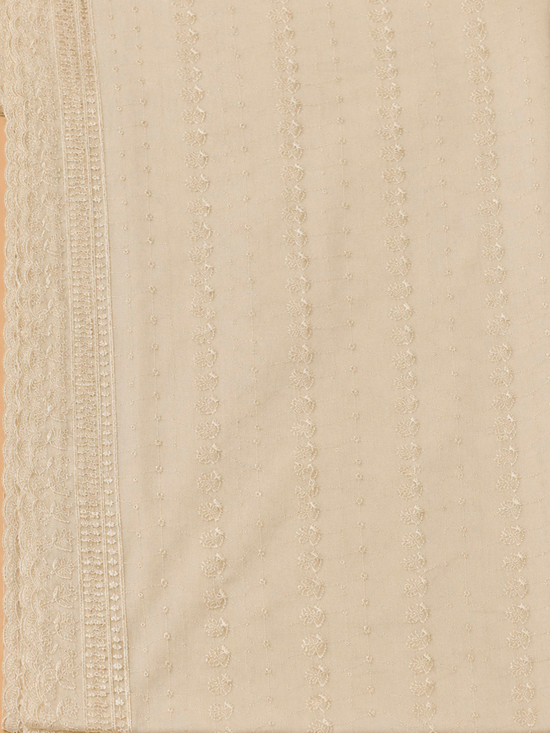 Beige Cotton Blend Embroidered Unstitched Dress Material