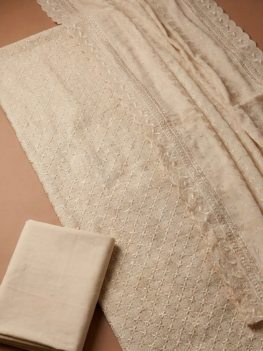 Beige Cotton Blend Embroidered Unstitched Dress Material