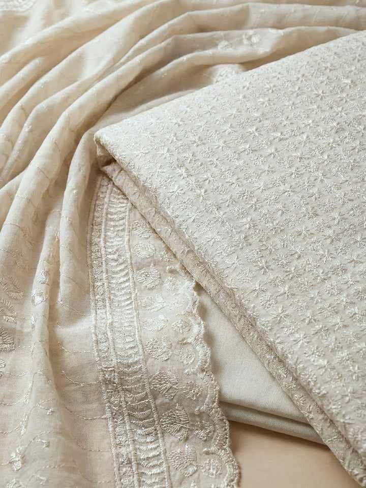 Off White Cotton Blend Embroidered Unstitched Dress Material
