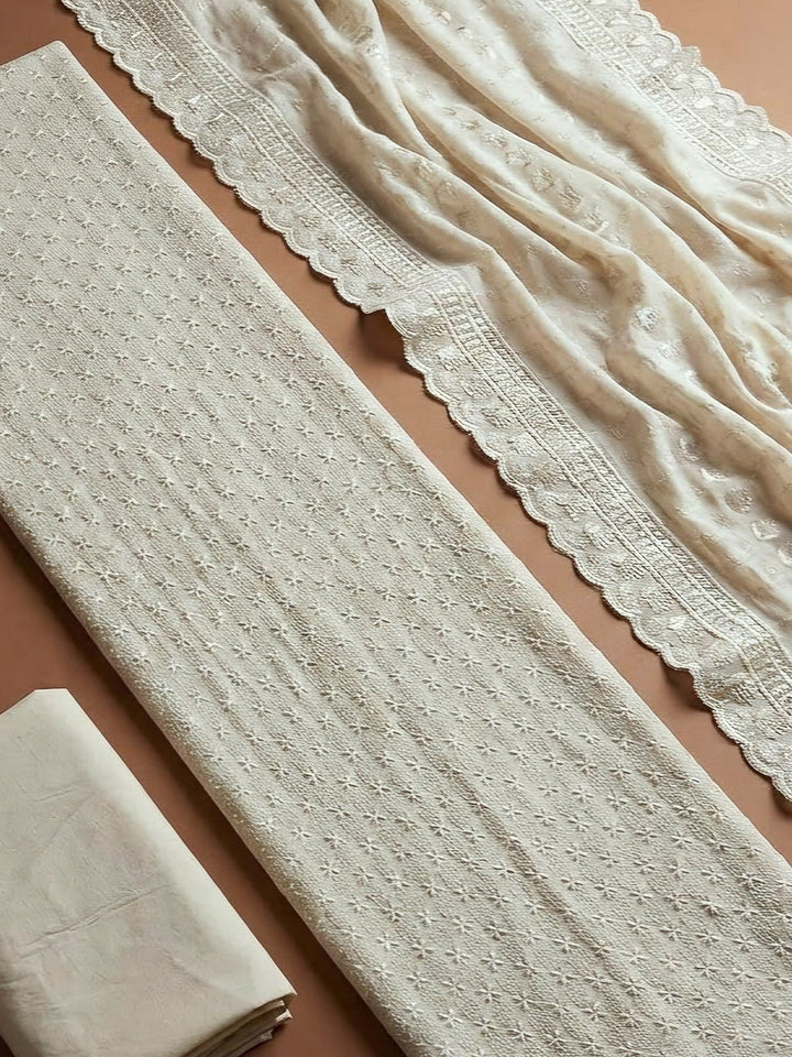 Off White Cotton Blend Embroidered Unstitched Dress Material