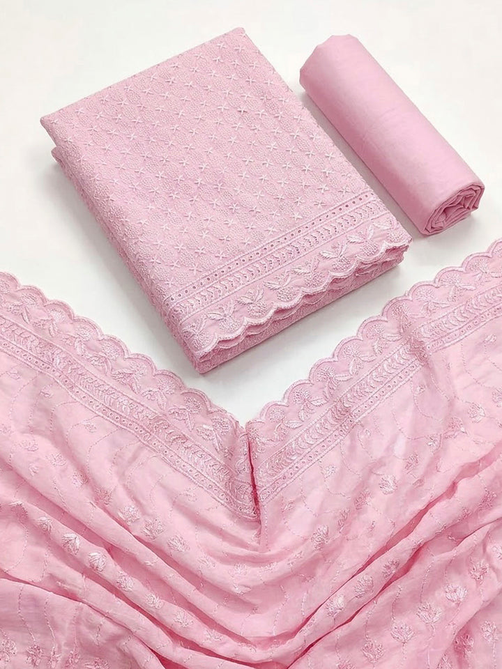 Pink Cotton Blend Embroidered Unstitched Dress Material