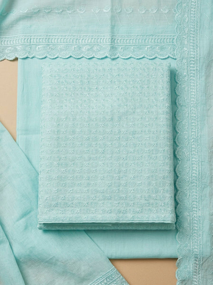 Sky Blue Cotton Blend Embroidered Unstitched Dress Material