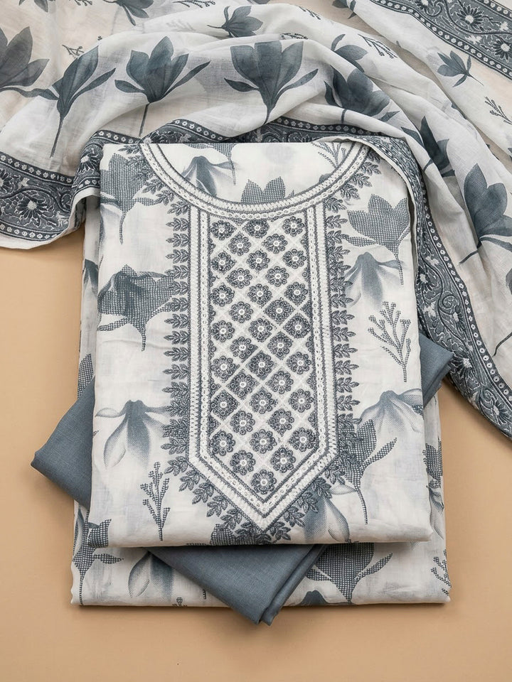 Grey Cotton Blend Embroidered Unstitched Dress Material