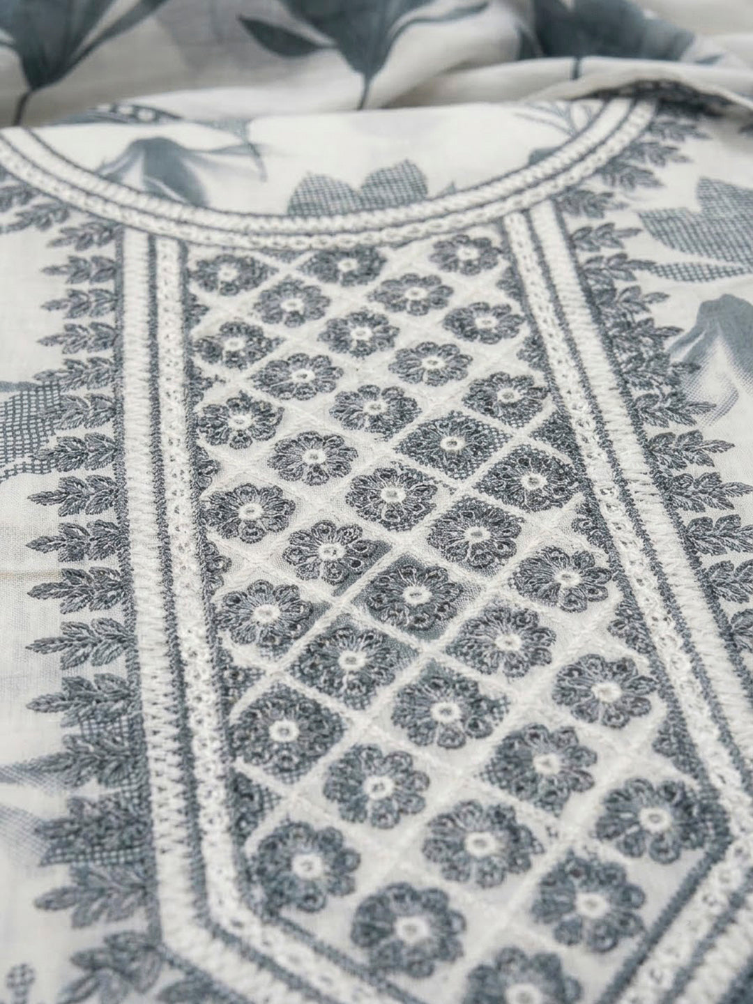 Grey Cotton Blend Embroidered Unstitched Dress Material