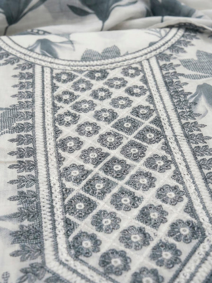 Grey Cotton Blend Embroidered Unstitched Dress Material