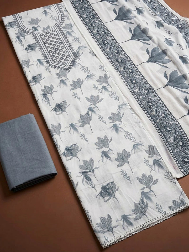 Grey Cotton Blend Embroidered Unstitched Dress Material