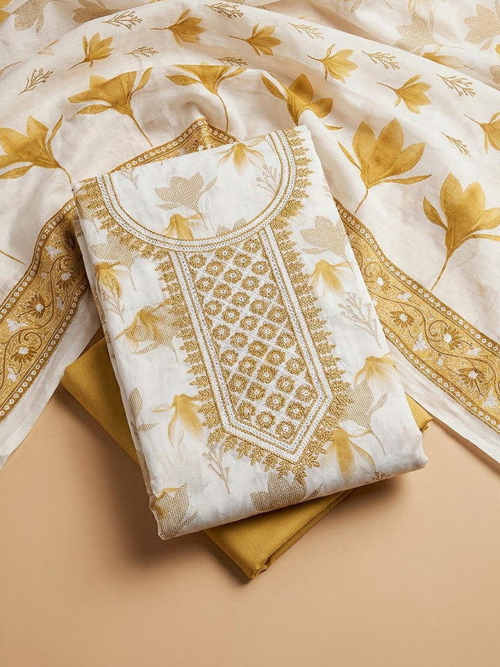 Mustard Cotton Blend Embroidered Unstitched Dress Material