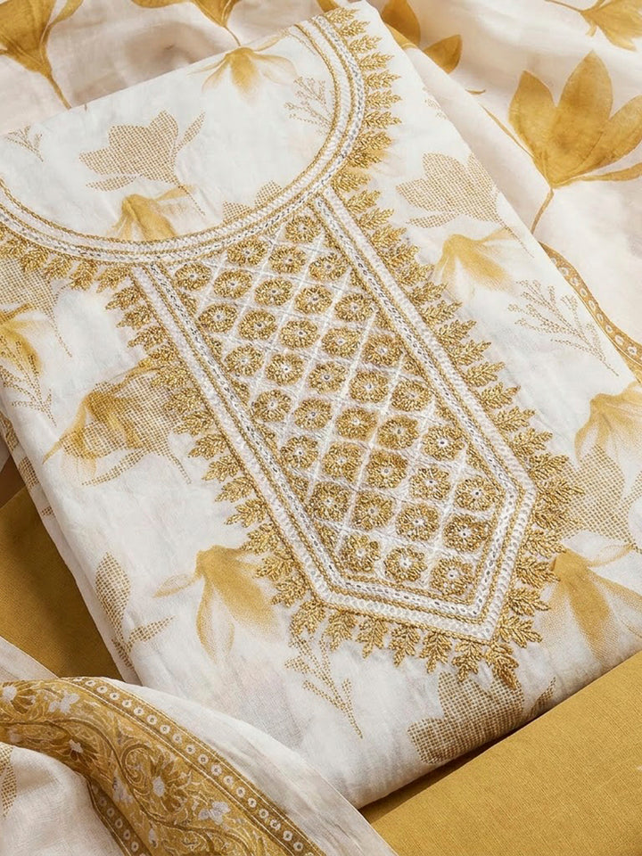Mustard Cotton Blend Embroidered Unstitched Dress Material