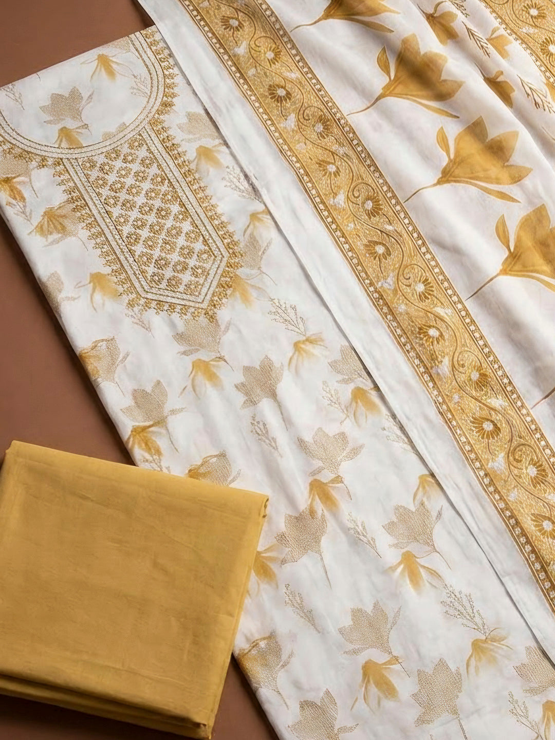 Mustard Cotton Blend Embroidered Unstitched Dress Material