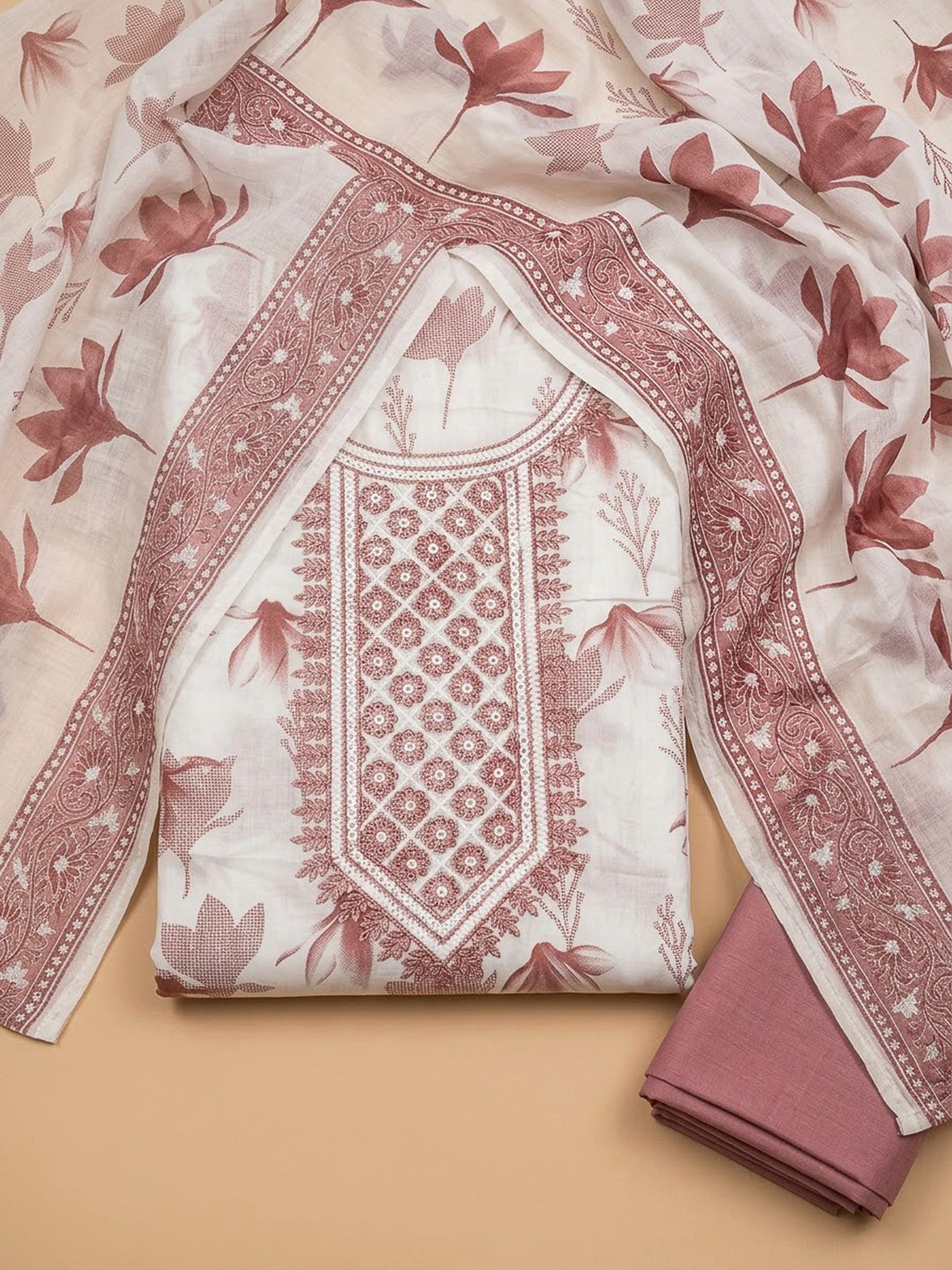 Onion Pink Cotton Blend Embroidered Unstitched Dress Material