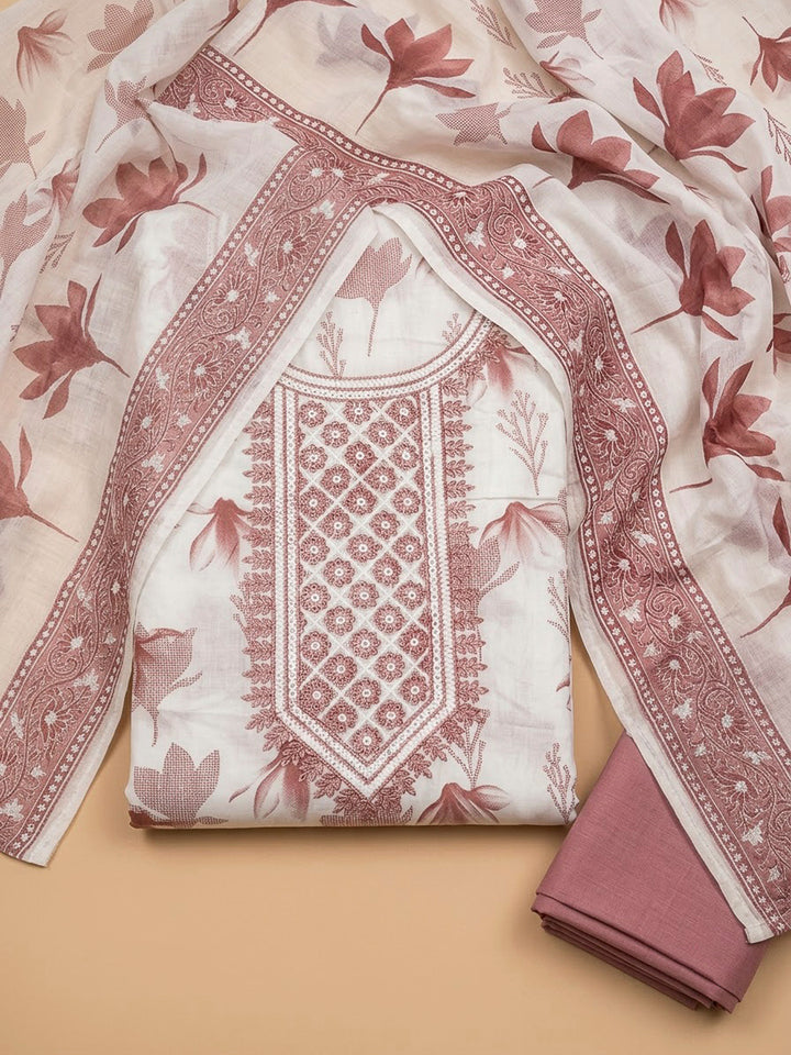 Onion Pink Cotton Blend Embroidered Unstitched Dress Material