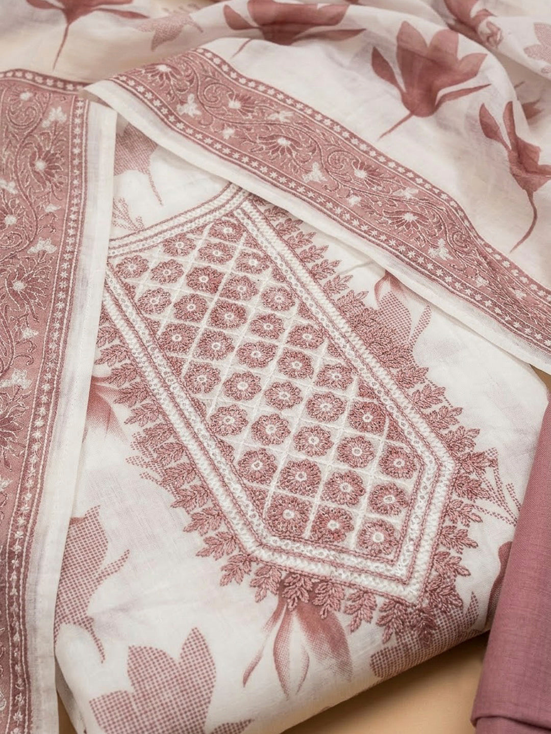 Onion Pink Cotton Blend Embroidered Unstitched Dress Material