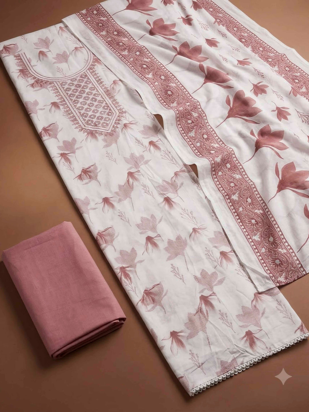 Onion Pink Cotton Blend Embroidered Unstitched Dress Material