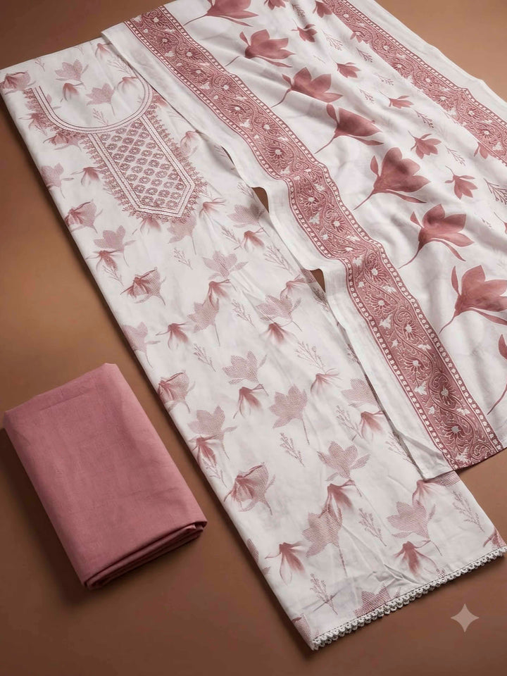 Onion Pink Cotton Blend Embroidered Unstitched Dress Material