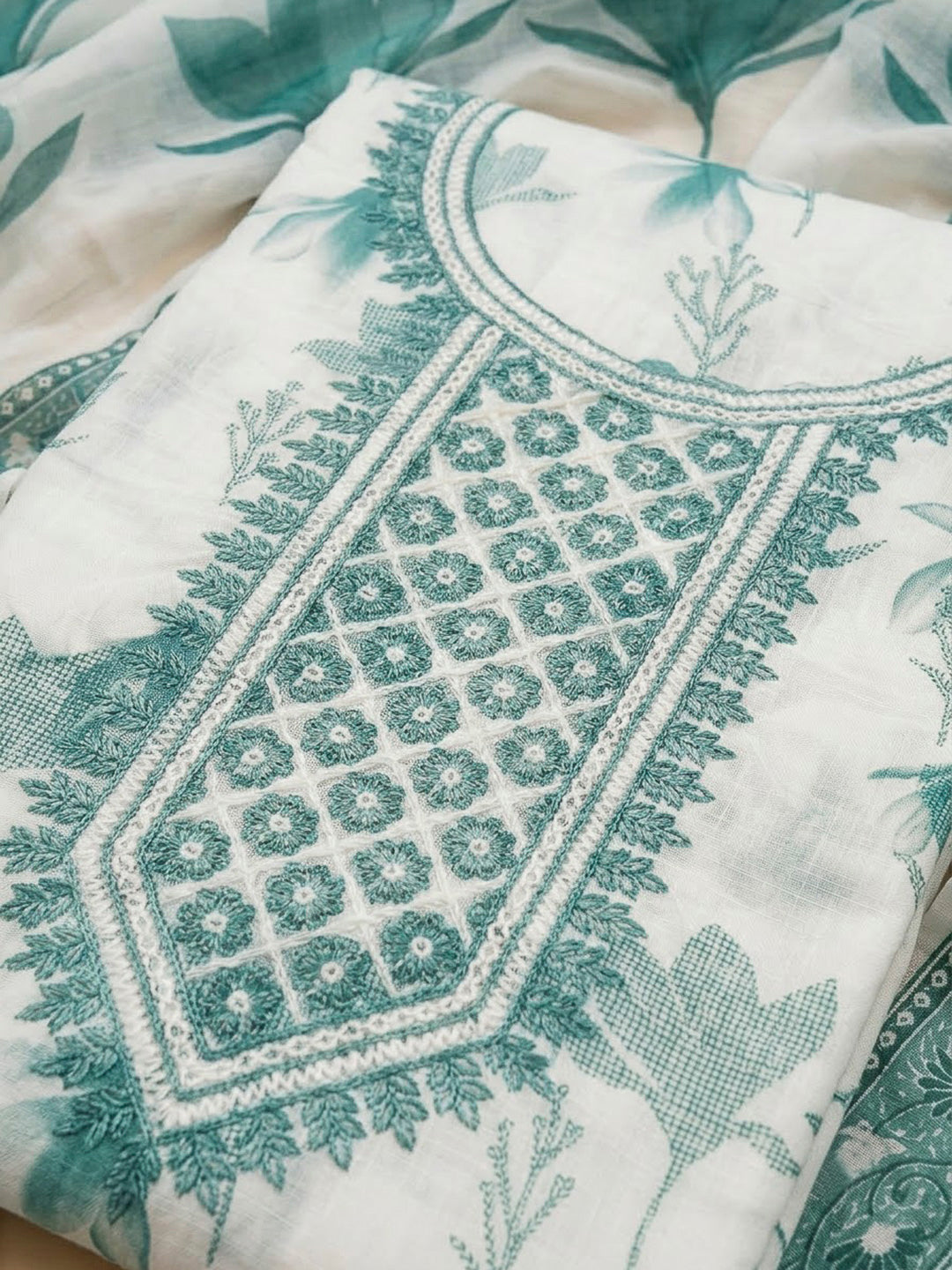 Sea Green Cotton Blend Embroidered Unstitched Dress Material
