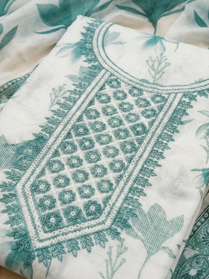 Sea Green Cotton Blend Embroidered Unstitched Dress Material