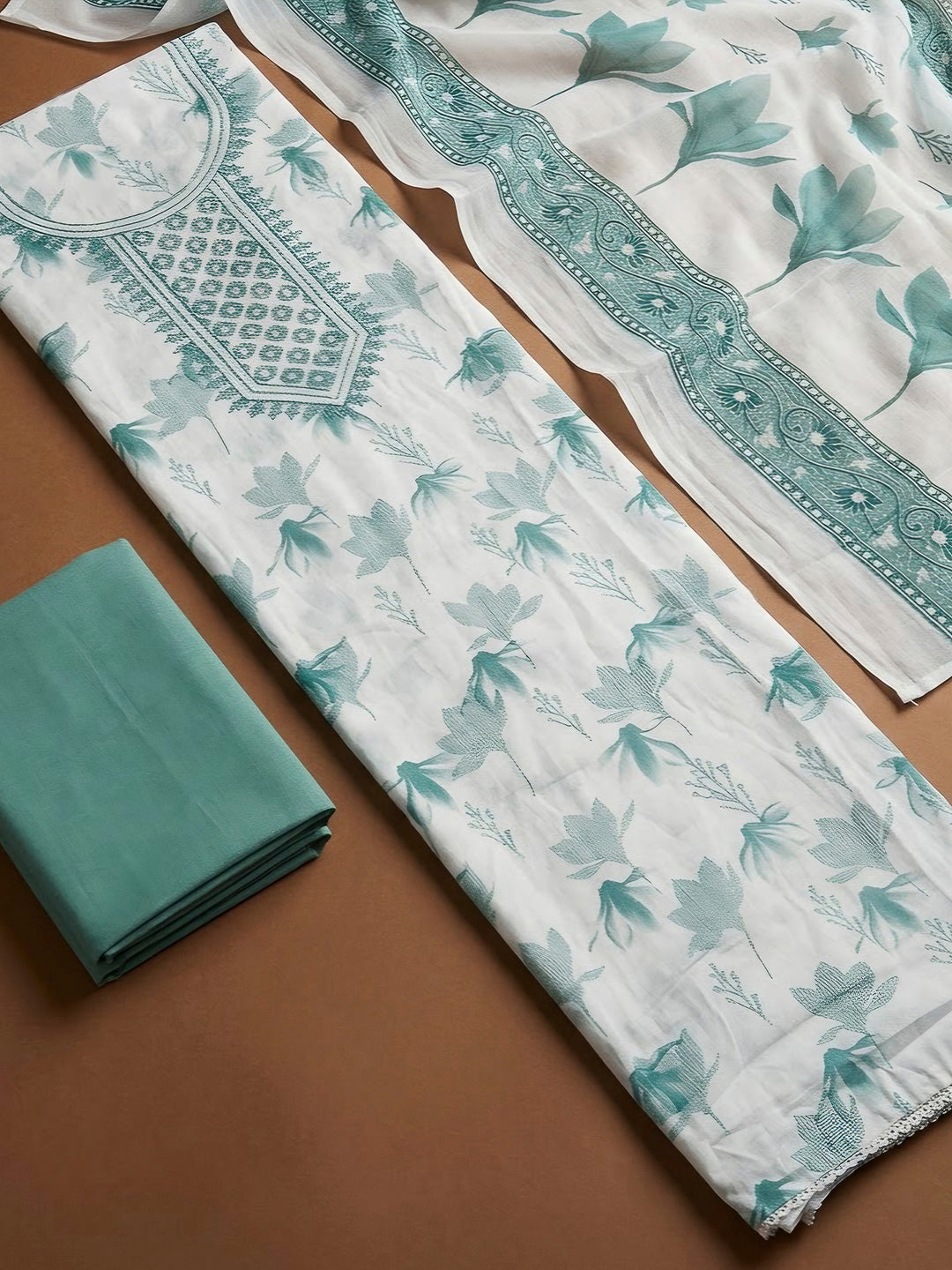 Sea Green Cotton Blend Embroidered Unstitched Dress Material