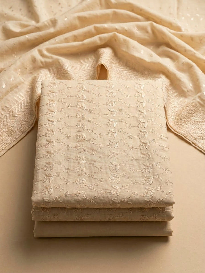 Beige Cotton Blend Embroidered Unstitched Dress Material
