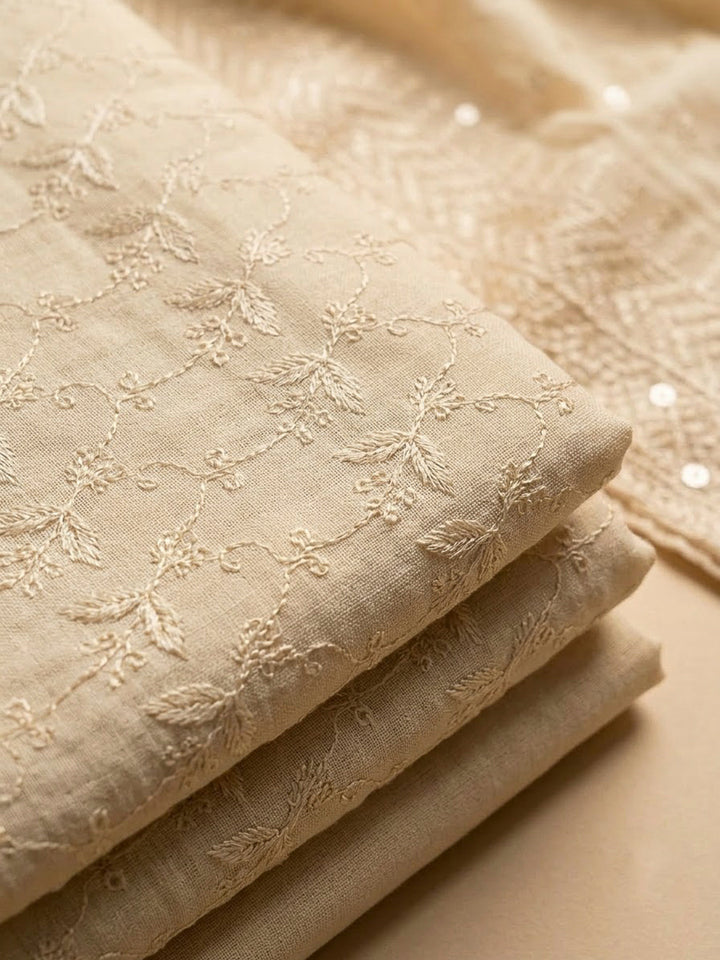 Beige Cotton Blend Embroidered Unstitched Dress Material