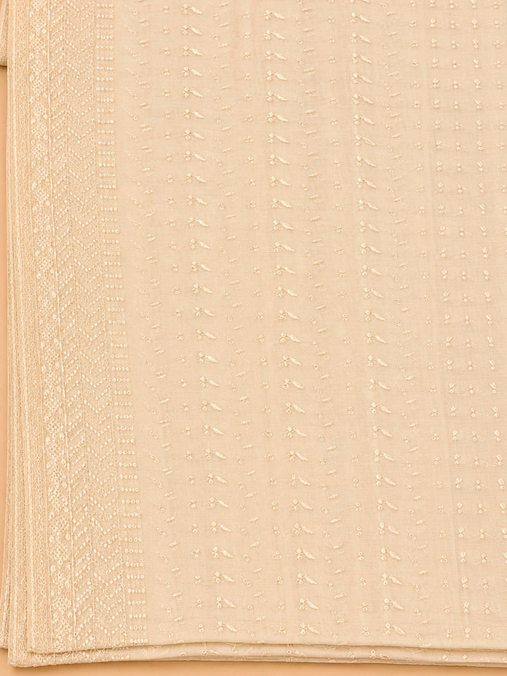 Beige Cotton Blend Embroidered Unstitched Dress Material