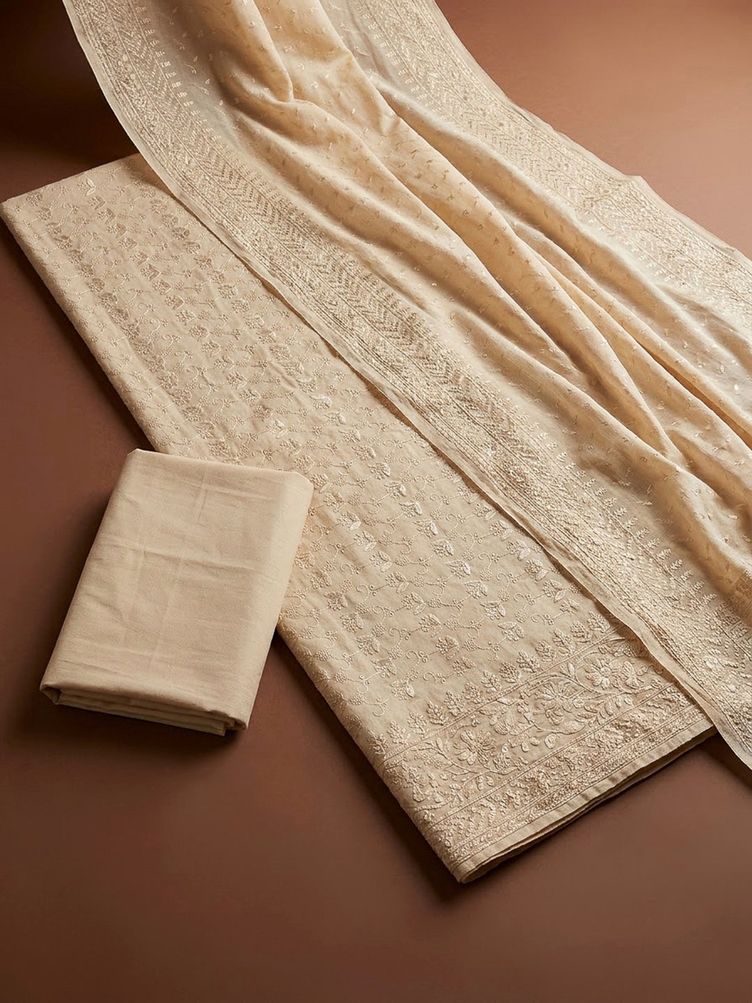 Beige Cotton Blend Embroidered Unstitched Dress Material