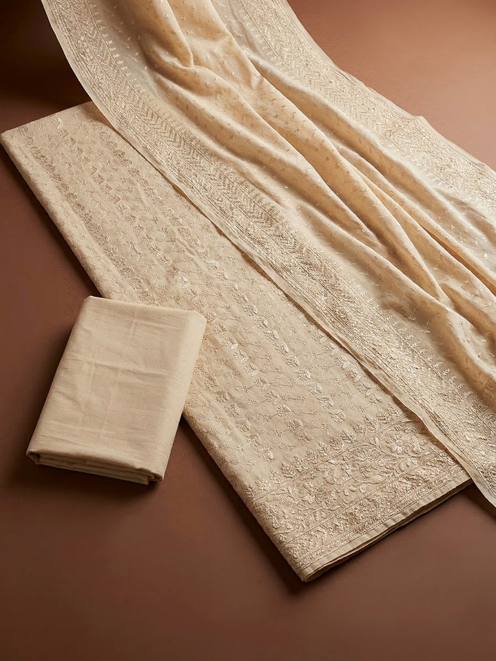 Beige Cotton Blend Embroidered Unstitched Dress Material