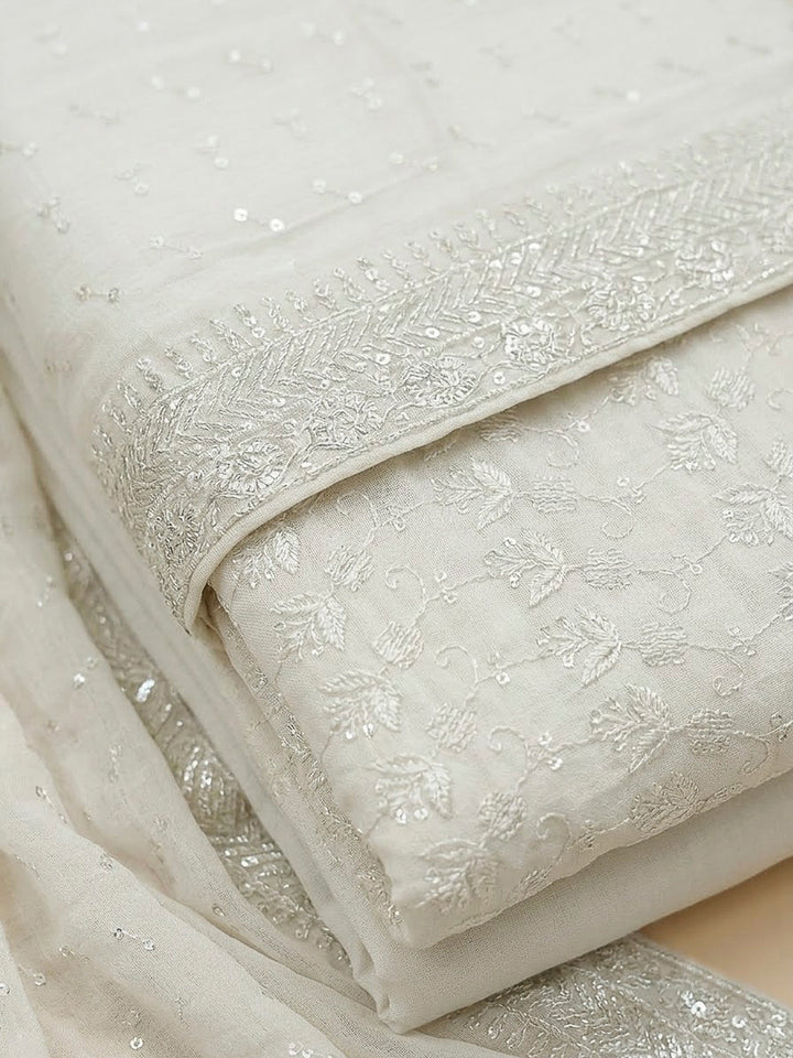 Off White Cotton Blend Embroidered Unstitched Dress Material